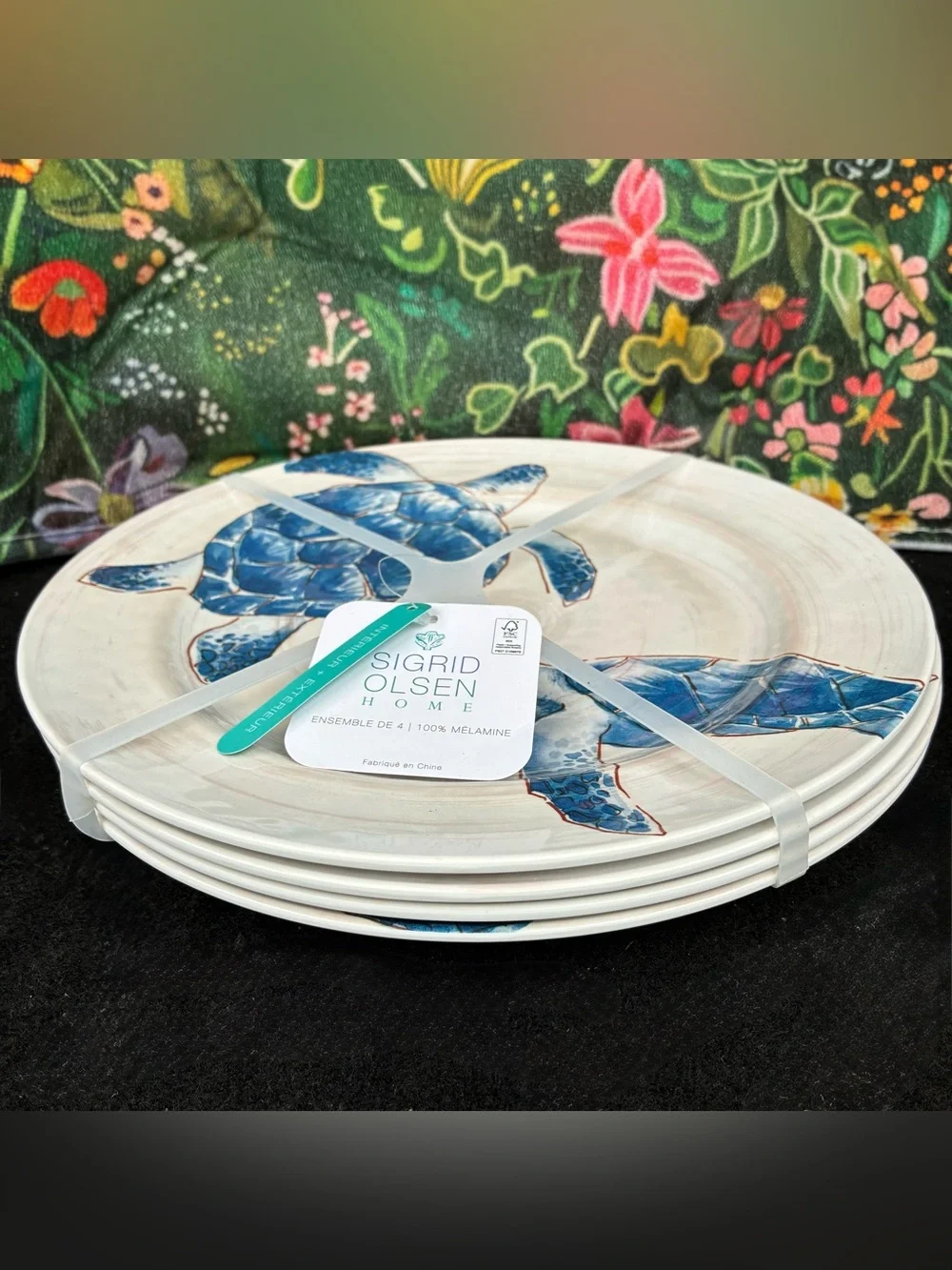 NWT 4 Sigrid Olsen Sea Turtle Melamine Dinner Plates Blue Coastal Beach 11